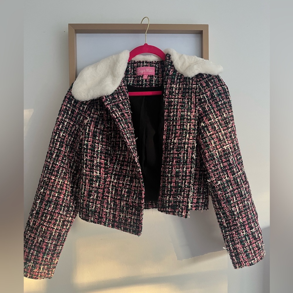 Sugar Thrillz Pink Black Tweed Cropped Blazer with Cream Faux Fur Collar